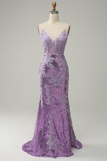Mermaid Spaghetti Straps Purple Long Ball Dress with Appliques